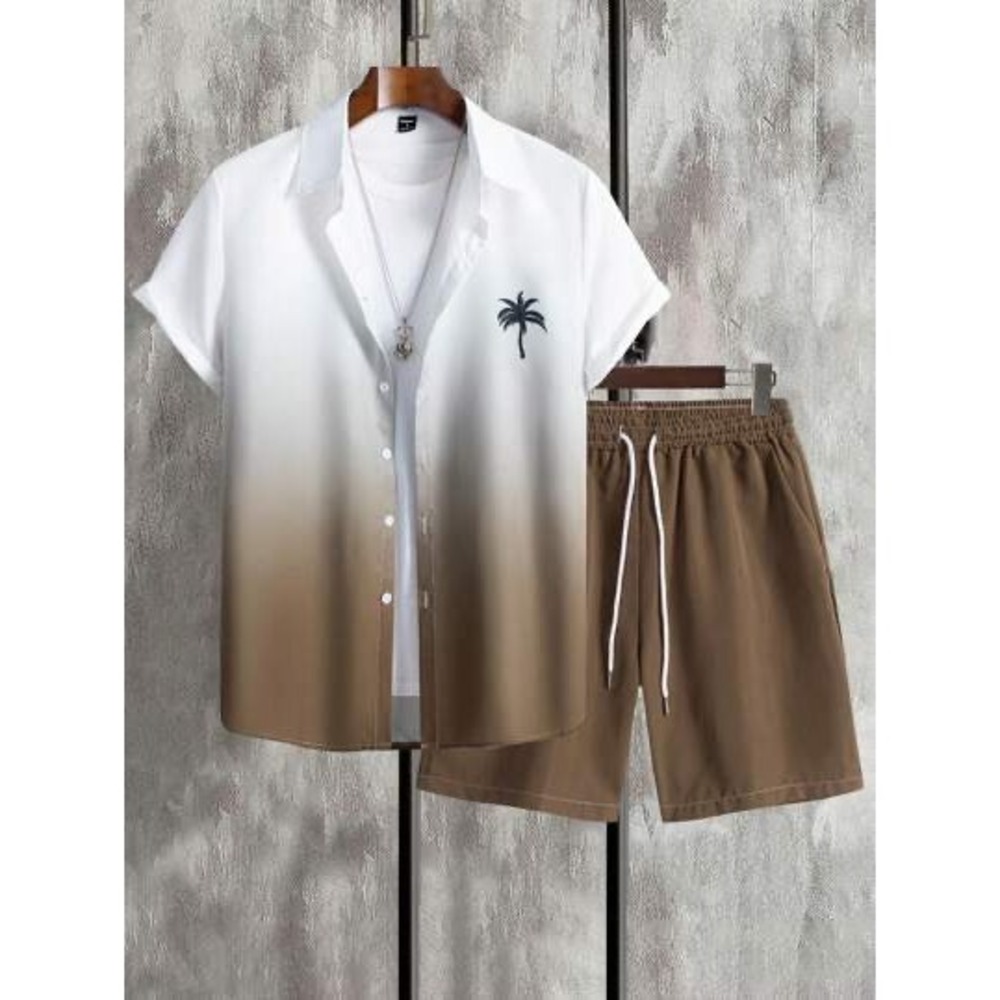 SHEIN Mens 2 Piece Ombre Palm Tree Shirt and Shorts Set White Brown Tropical